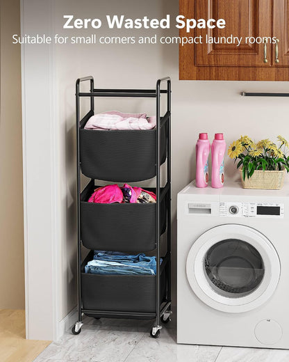 3 Section Laundry Sorter with Removable Bags, 120L Rolling Vertical Laundry Hamper, Stackable Laundry Baskets organizer for Bathroom, Apartment, Dorm (Beige, With Wheel)