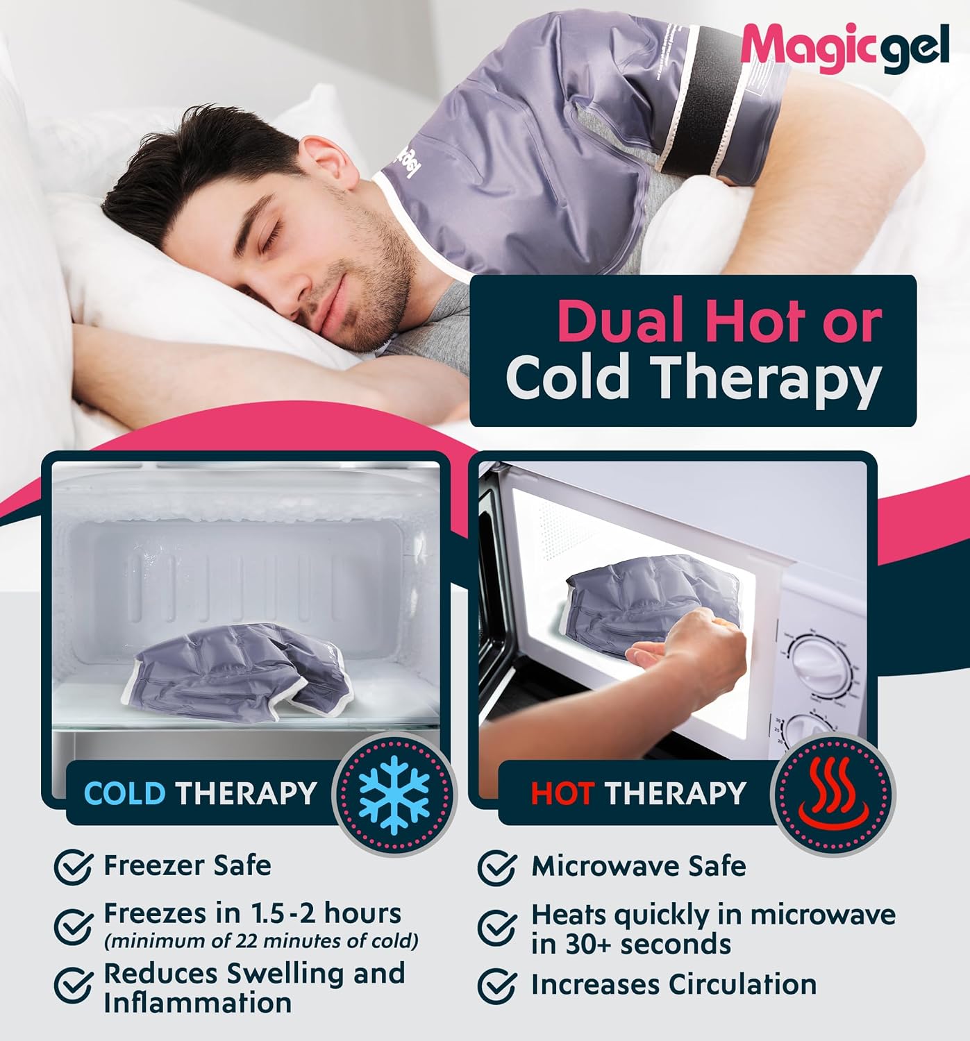 Magic Gel Ice Pack | Reusable, Flexible & Long Lasting for Rotator Cuff Injuries, Bursitis and Swelling | Hot or Cold Therapy Compression Wrap for Left or Right Shoulder