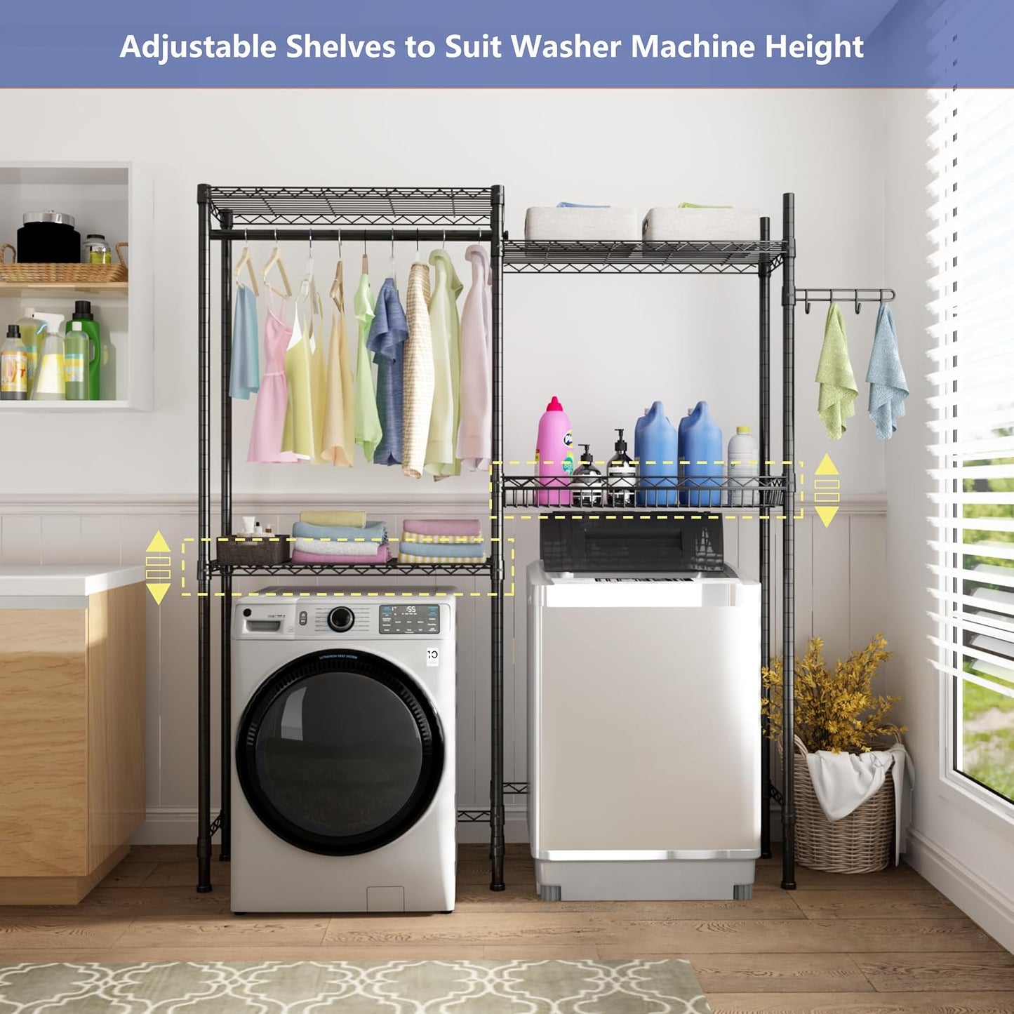 Golpart Laundry Organizer Shelves Over the Washer and Dryer Storage Shelf | Heavy Duty Laundry Room Organization Clothes Drying Rack Adjustable Height Wire Shelving and Wire Basket with Hanger Rod