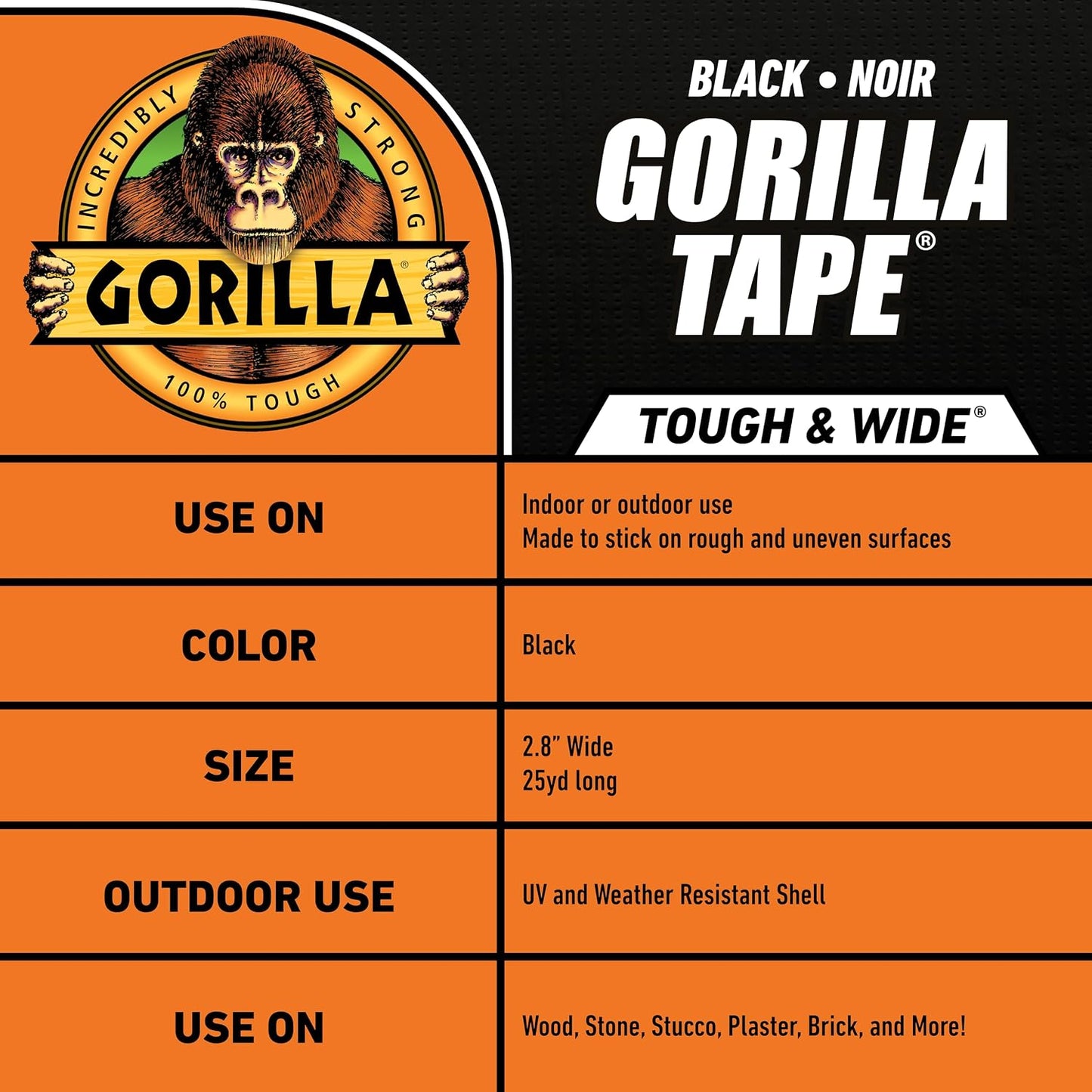 Gorilla Tough & Wide Heavy Duty Duct Tape, Black, 2.88" x 25 yd, 1-Pack | Weather Resistant, Indoor & Outdoor Use, Double-Thick Adhesive, Reinforced Backing, Hand-Tearable