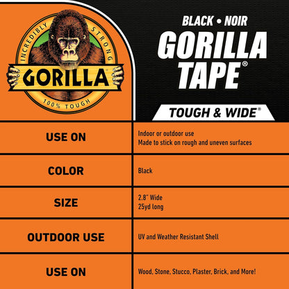 Gorilla Tough & Wide Heavy Duty Duct Tape, Black, 2.88" x 25 yd, 1-Pack | Weather Resistant, Indoor & Outdoor Use, Double-Thick Adhesive, Reinforced Backing, Hand-Tearable