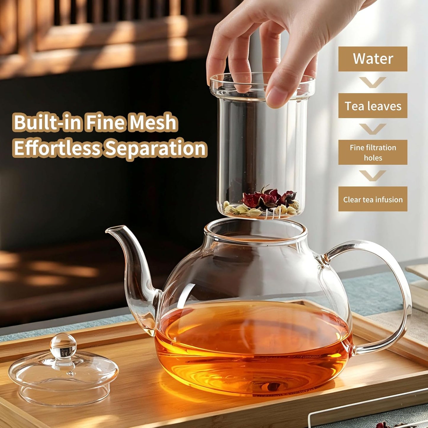 DOPUDO 40OZ (1200ML) Glass Teapot with Infuser Stovetop Safe, Clear Glass Tea Pot Kettle, Borosilicate Tea Pot with Infusers Filter for Loose Tea, Tea Kettle Dishwasher Safe.