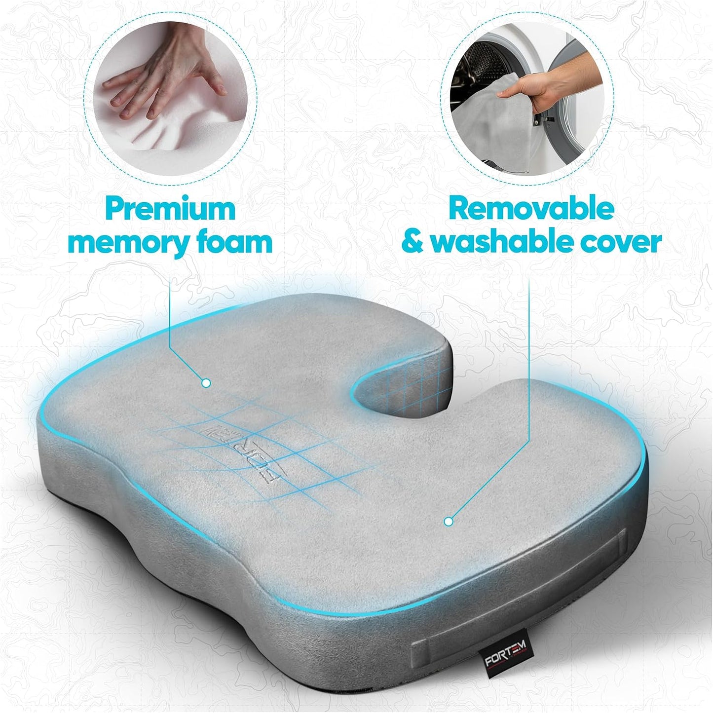 FORTEM Seat Cushion, Office Chair Cushion, Memory Foam Car Seat Cushions, Sciatica Coccyx Tailbone Pain Relief, Chair Cushions for Back Support, Sitting Pad for Gaming, Washable Cover, Non Slip