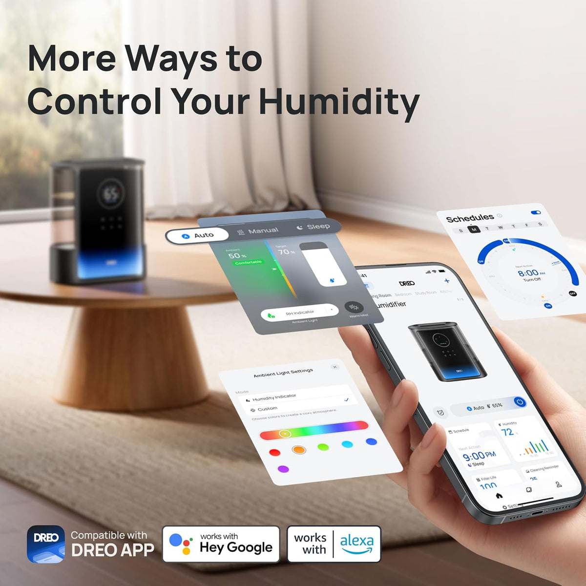 DREO 8L Smart Humidifier Large Room, 80H Runtime, Warm & Cool Mist, HM717S