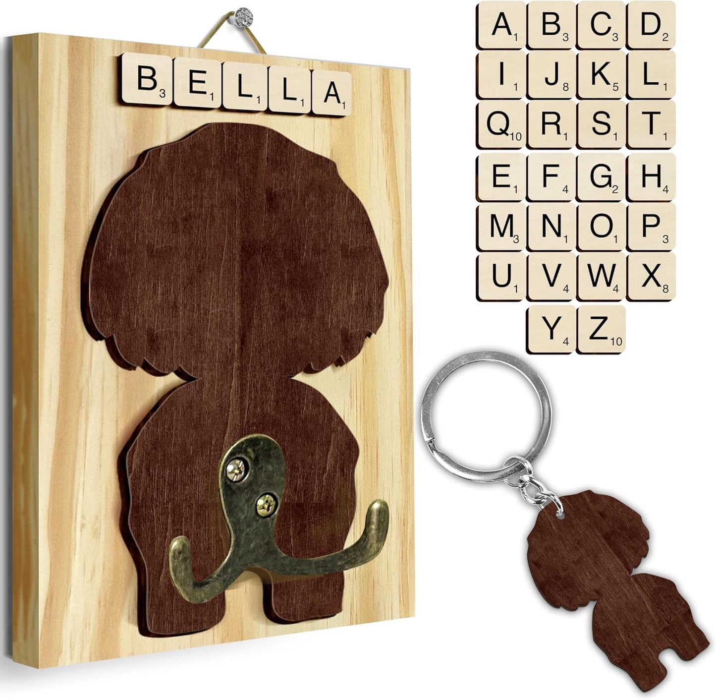 Dog Leash Holder Wall Mount, Pet Harness Hanger with Scrabble Letters, Dog Collar Organizer for Entryway, Memorial Cat Leash Holder for Wall, Pet Loss Gifts, Keepsake, Home Decor PF212-NAT