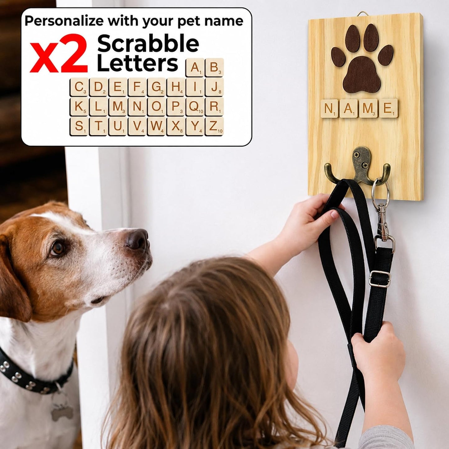 Dog Leash Holder Wall Mount, Pet Harness Hanger with Scrabble Letters, Dog Collar Organizer for Entryway, Memorial Cat Leash Holder for Wall, Pet Loss Gifts, Keepsake, Home Decor PF212-NAT