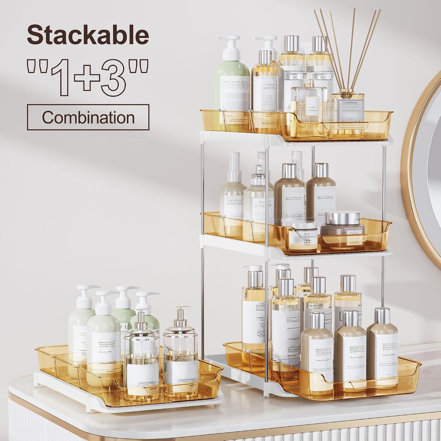 Delamu 2-Tier Multi-Purpose Bathroom Under Sink Organizers and Storage, Stackable Kitchen Pantry Organization, Pull Out Medicine Cabinet Organizer with Movable Dividers, White, 2 Pack