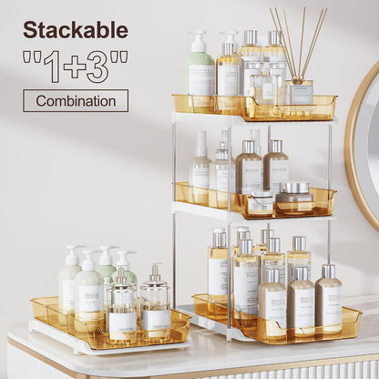 Delamu 2-Tier Multi-Purpose Bathroom Under Sink Organizers and Storage, Stackable Kitchen Pantry Organization, Pull Out Medicine Cabinet Organizer with Movable Dividers, White, 2 Pack