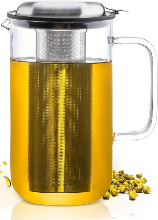 Aquach 74oz Glass Tea Pot with Infuser, Stovetop Safe Borosilicate Teapot | Dishwasher Safe, Plastic-free, Family Capacity, Precise Loose Leaf Filter, Easy-clean Opening