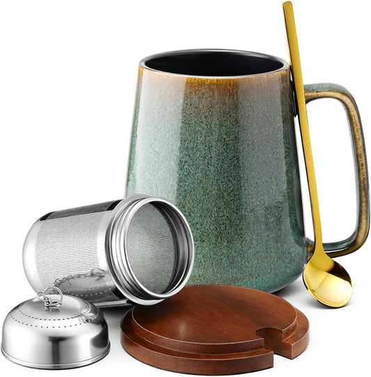 Zhehao 24oz Large Ceramic Tea Mug with Loose Leaf Infuser, Gift for Men Women, Coffee Cup with Lid & Spoon for Tea Lovers, Microwave & Dishwasher Safe, Present for Thanksgiving Christmas(Green)