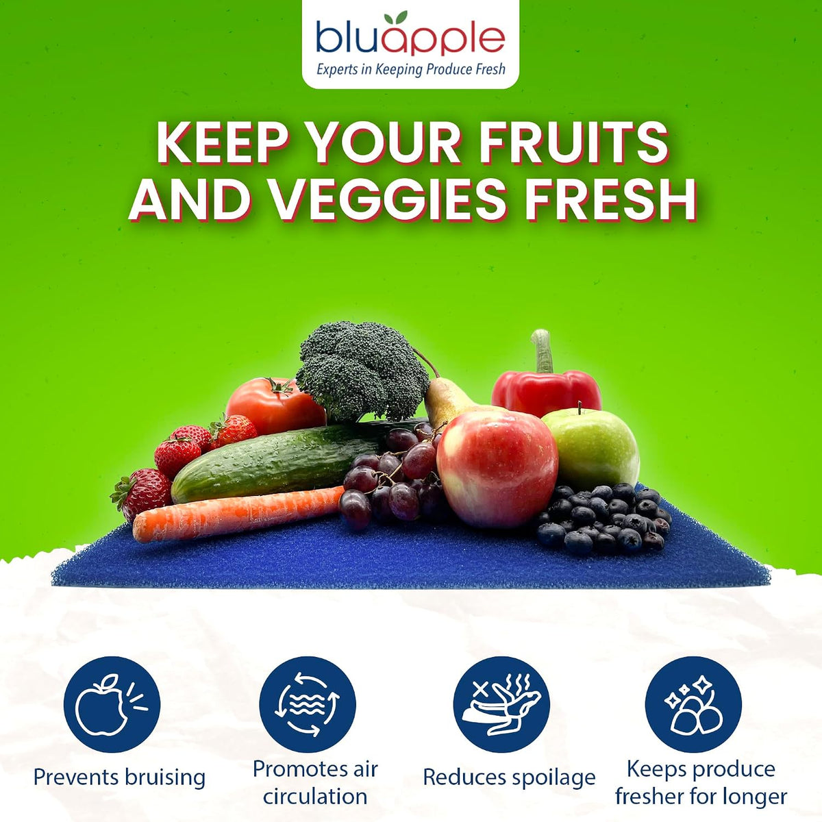 Bluapple FreshMats Fridge Bin Liners, Green, 12x15, Set of 4 Mats