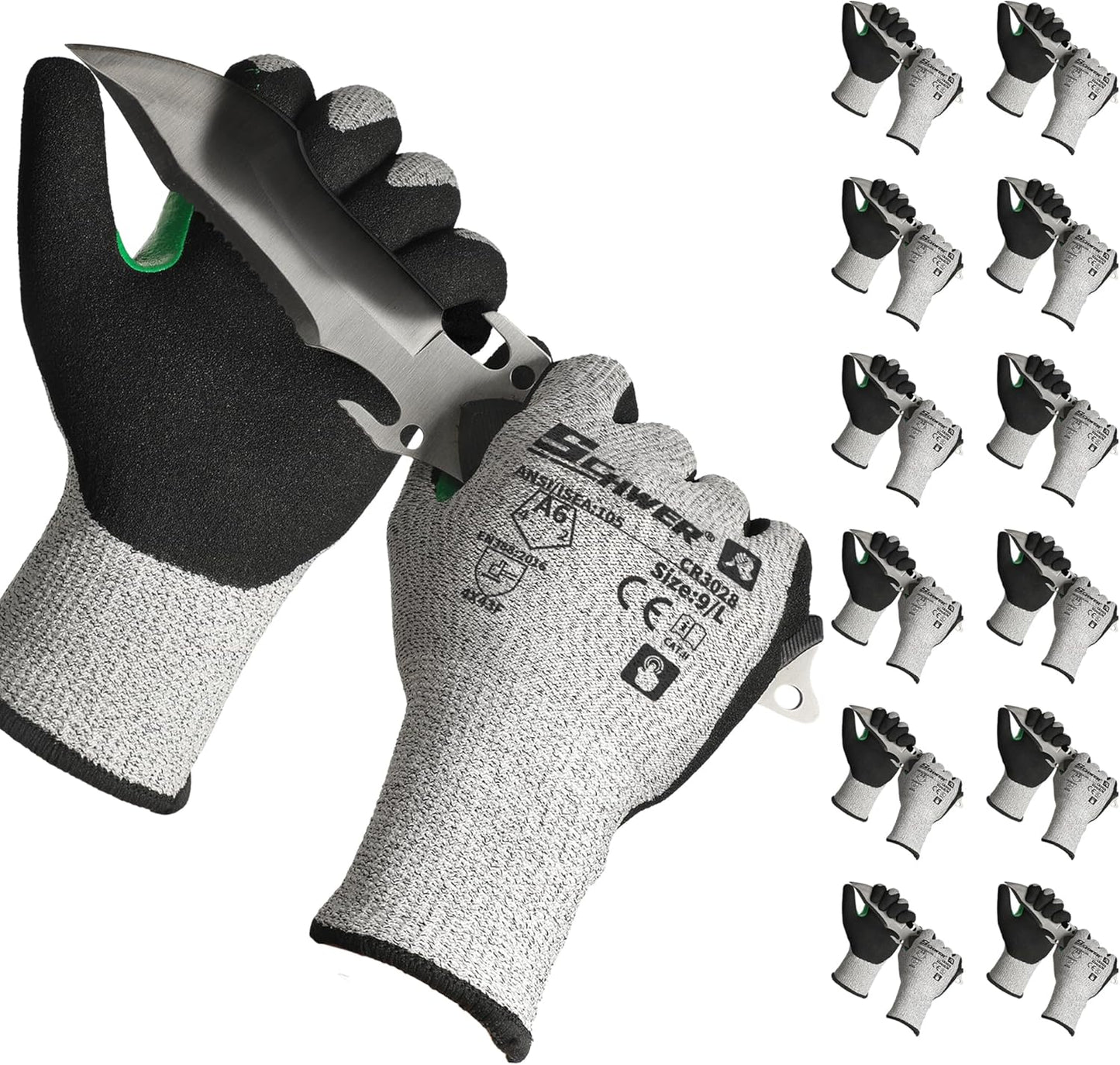 Schwer 12 Pairs A5 Cut Resistant Gloves, Non PFAS & Fiberglass，CR3088, L | Non PFAS Fiberglass, PU Coating, Strong Grip, Abrasion Resistant, for Glass Cutting, Warehouse Handling, Gardening Work