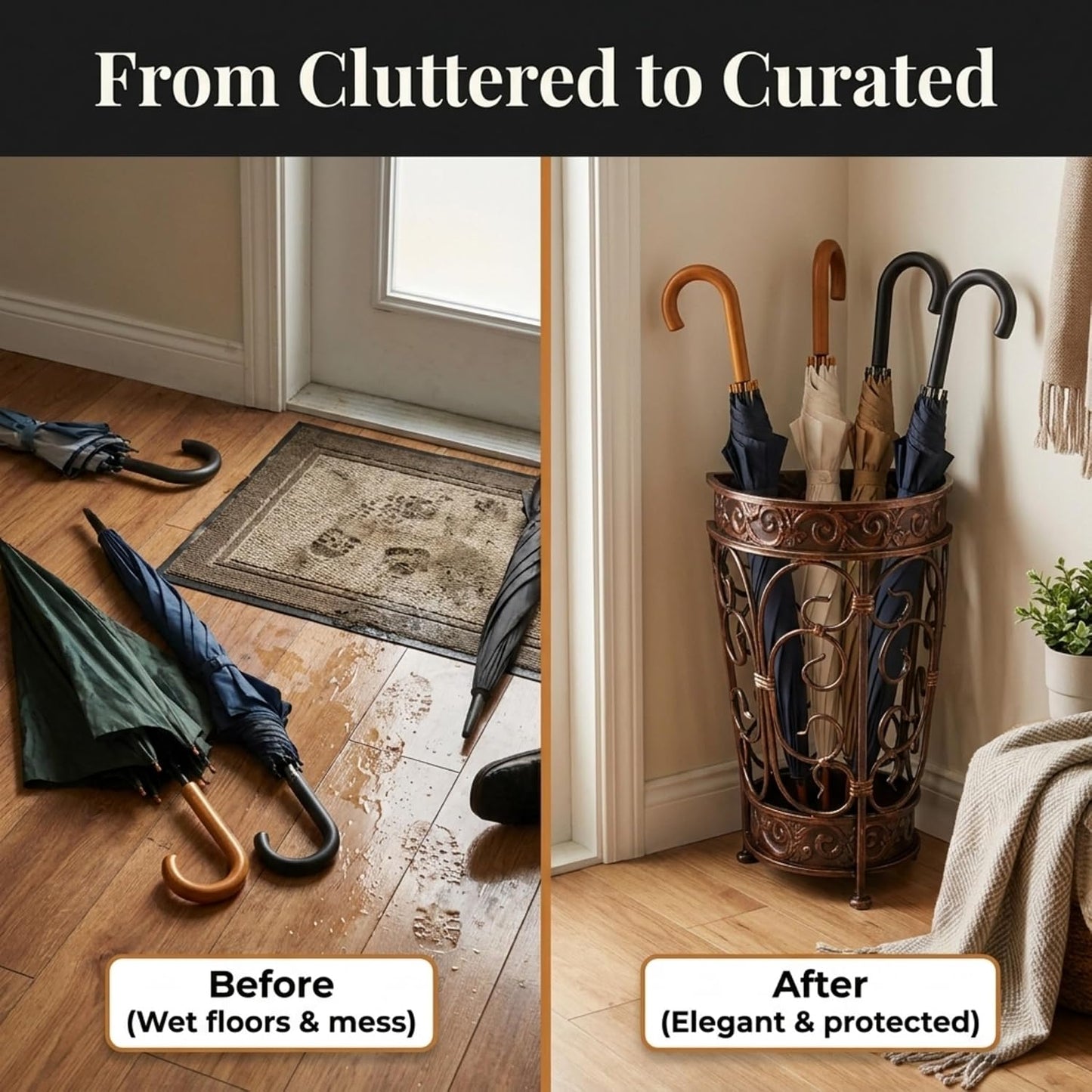 Super Quality Umbrella Stand, Umbrella Holder, Antique Look Metal, Entry Hallway Décor, Wallside Style, with Removable Drip Tray (Gold Brown)