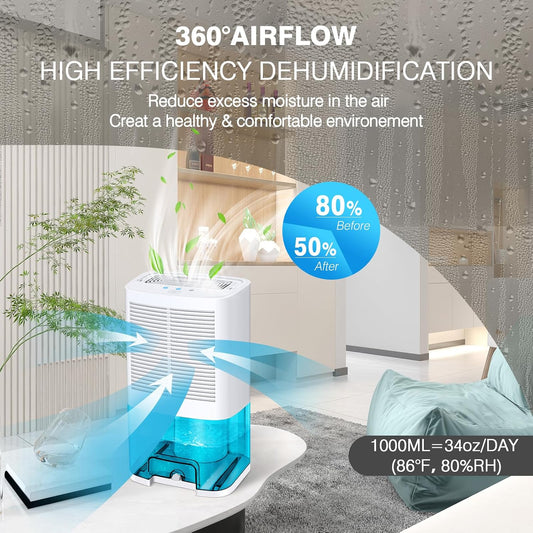 Dehumidifier 68oz(2000ml) Small Dehumidifier with Drain Hose for Up to 650 sq.ft Ultra Quiet Mini Portable Air for Home Basements Bathroom Bedroom Closet Kitchen RV