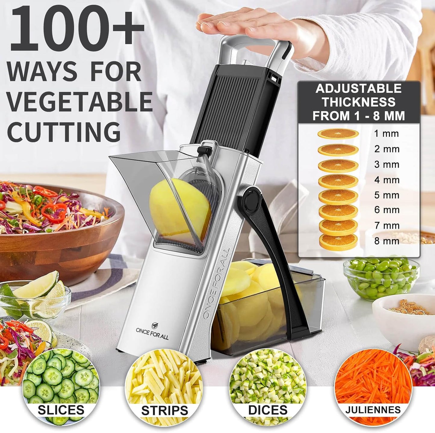 ONCE FOR ALL Safe Mandoline Slicer Plus, Bigger Size, Potato Slicer, Black | 0.1-8mm Adjustable Vegetable Food Chopper, Kitchen Mandoline Slicer Stainless Steel, Detachable Blade, Dishwasher-safe, Gift