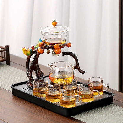 Glass Kungfu Teapot Set Tea maker with Infuser Semi Automatic Tea Set with 6 Small Cups (Red)