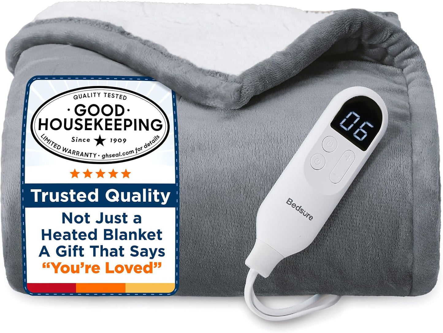 Bedsure Heated Blanket Throw Blanket with Preheat Function - Fast Heating Electric Blanket, Soft Flannel Throw with 6 Time Settings(Up to 10H), 6 Heating Settings, Gifts for Grandma (50"x60", Grey)