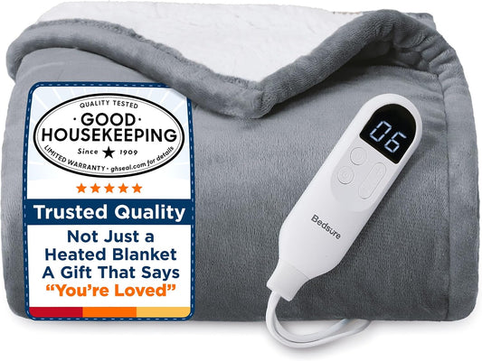 Bedsure Heated Blanket Throw Blanket with Preheat Function - Fast Heating Electric Blanket, Soft Flannel Throw with 6 Time Settings(Up to 10H), 6 Heating Settings, Gifts for Grandma (50"x60", Grey)