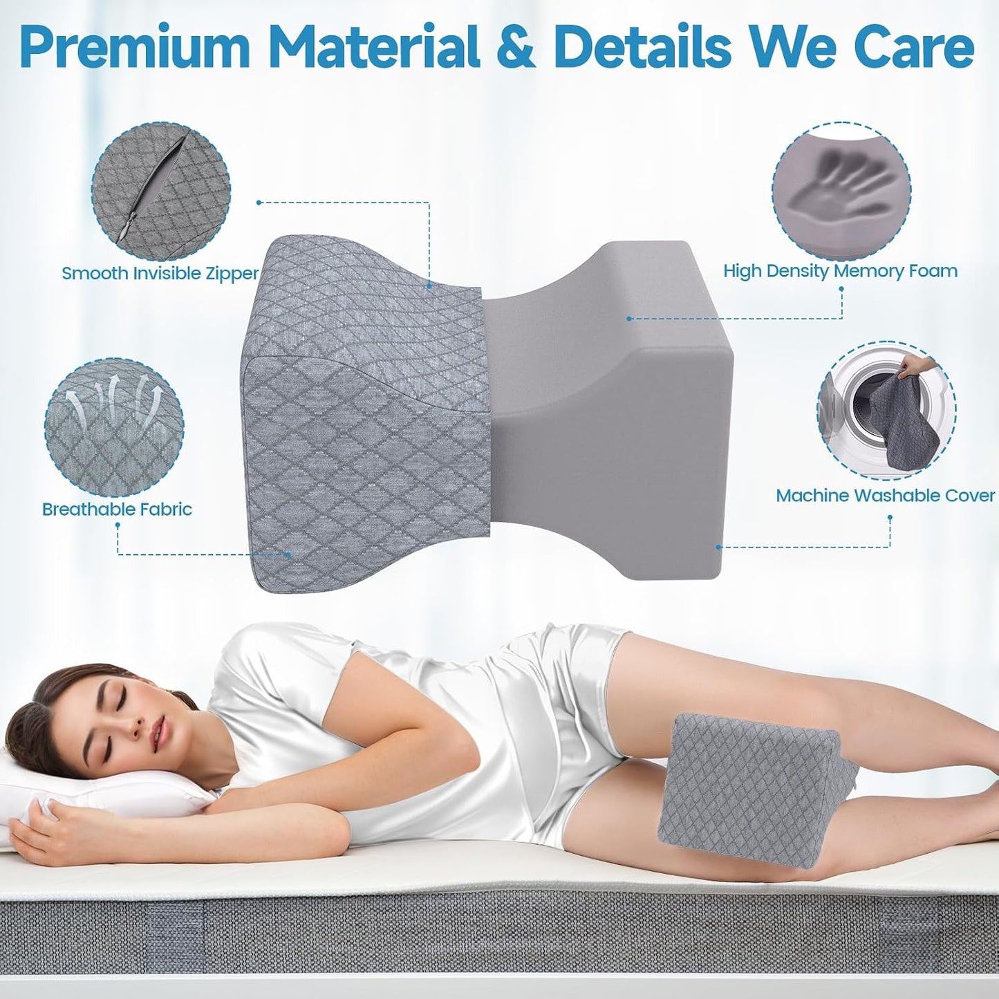 TranquilRelax Knee Pillow for Side Sleepers, Leg Pillow for Side Sleeping | Smooth Pillow for Spine Aligning, Comfortable Memory Foam Pillow for Hip, Back, Sciatica, Knee, Joints Pain (White)