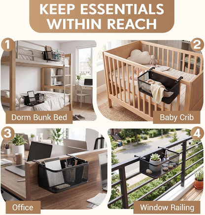 2 Pcs 2 Size Metal Mesh Bedside Storage Caddy Shelf for Bunk Bed Hanging Storage Basket with Adjustable Hook Bedside Organizer Holder for College Dorm Essentials, Bedroom, Loft Bed(White)