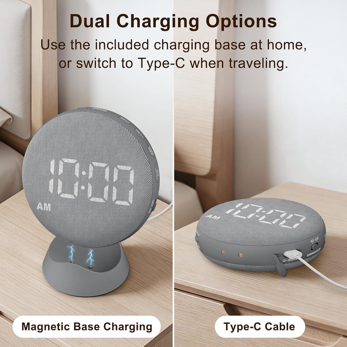 SolaceRise Extra Loud Alarm Clock Vibrating Bed Shaker for Heavy Sleepers | Auto-Dim Digital Clock for Hearing Impaired Deaf - Portable Rechargeable Battery for Bedroom Travel Dorm - Putty