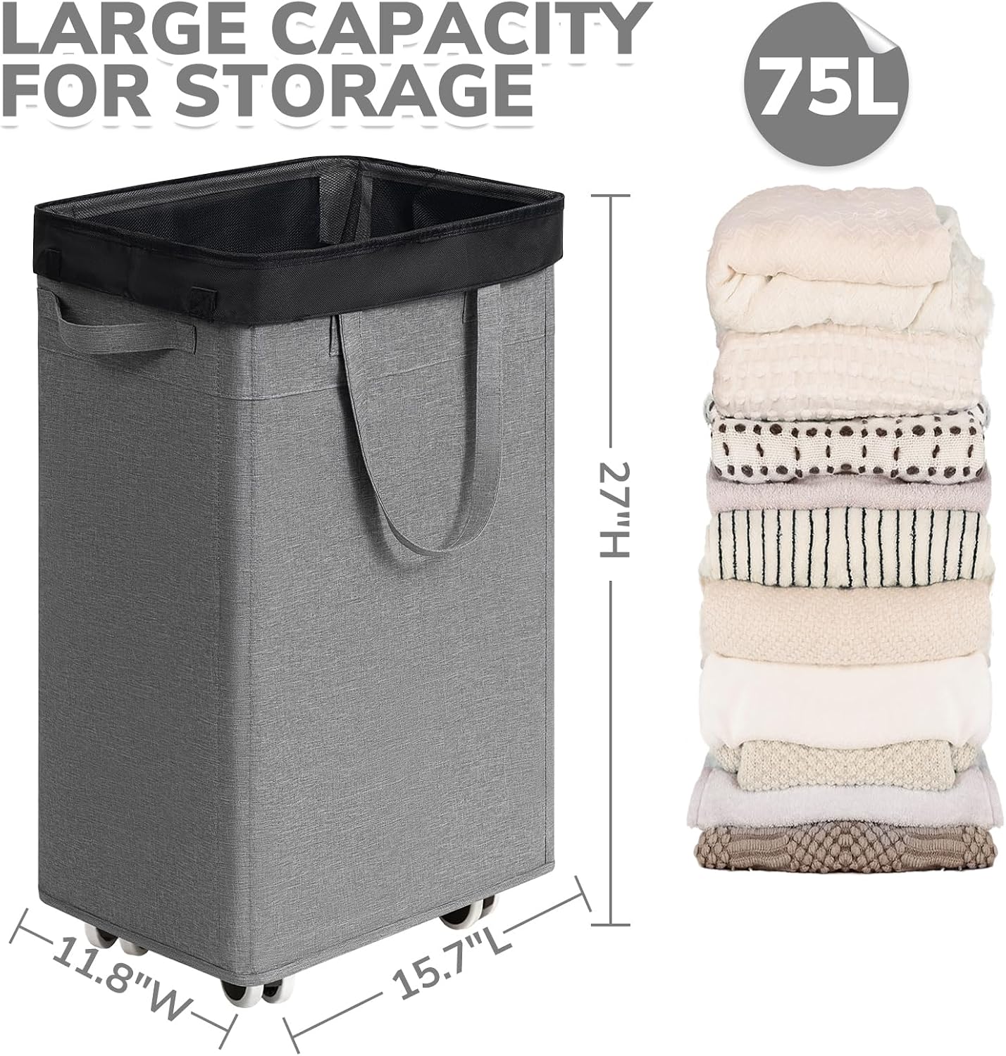 CHICVITA 75L Large Rolling Laundry Basket with Wheels & Wash Bag, Grey | Collapsible design saves space for corner dorms. Removable wash bag for easy laundry transport