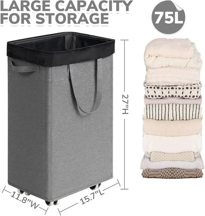 CHICVITA 75L Large Rolling Laundry Basket with Wheels & Wash Bag, Grey | Collapsible design saves space for corner dorms. Removable wash bag for easy laundry transport