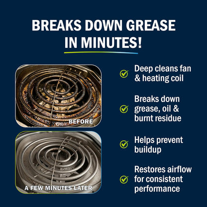 Air Fryer Cleaner and Degreaser. 6 Powder Sachets with Brush. Cuts Grease, Burnt Food and Odors. For Basket, Drawer, Grill and Crisper Plate. Nonstick Safe