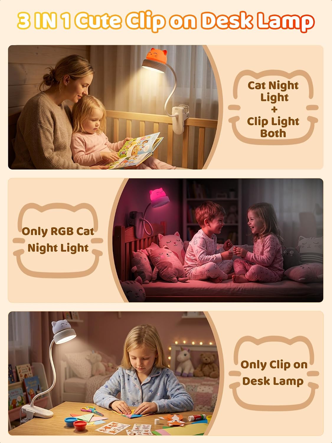 Cat Lamp,Dimmable RGB Clip on Light,Cute Desk Lamp Rechargeable Night Light