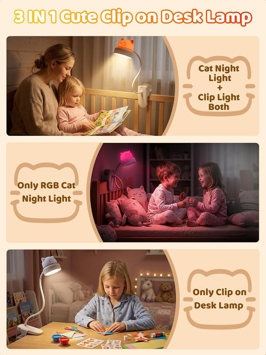 Cat Lamp,Dimmable RGB Clip on Light,Cute Desk Lamp Rechargeable Night Light