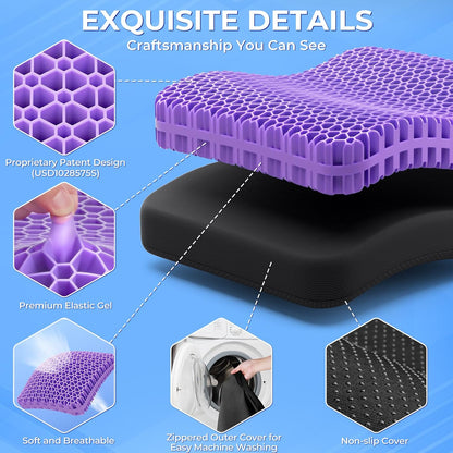 TushGuard Gel Seat Cushion for Long Sitting, Breathable Thick Patent Design | Enlarged Cooling Chair Pad for Office, Wheelchair, Soft Car Cushion for Back, Hip, Sciatica (Standard, Black+Violet)