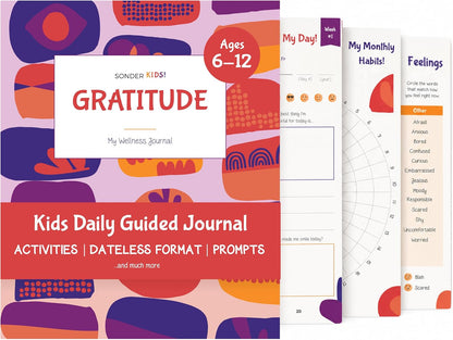 Sonder Kids Wellness Gratitude Journal - Kids Journal for Girls and Boys, Hands-On Activities like Crosswords, Coloring and Nature Prompts, Undated, Ages 6-12, 56 pages