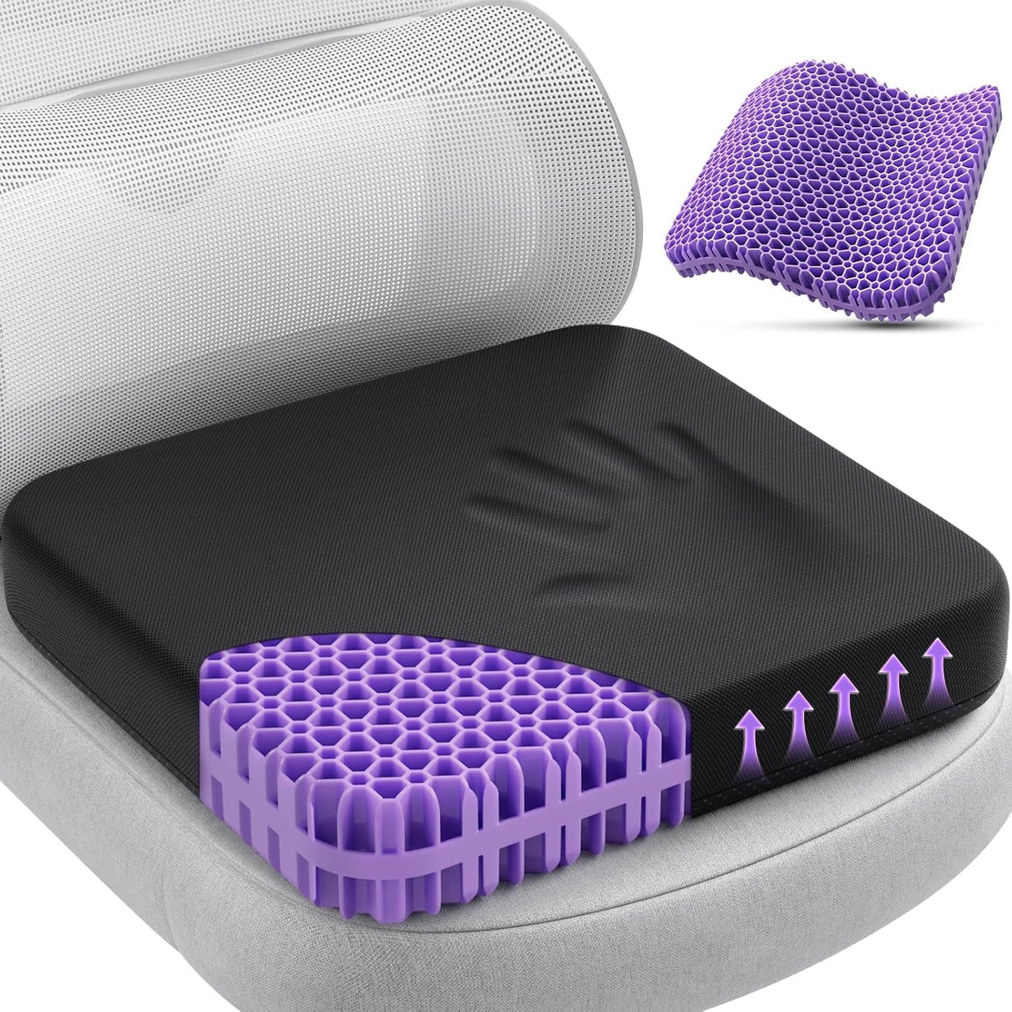 TushGuard Gel Seat Cushion for Long Sitting, Breathable Thick Patent Design | Enlarged Cooling Chair Pad for Office, Wheelchair, Soft Car Cushion for Back, Hip, Sciatica (Standard, Black+Violet)