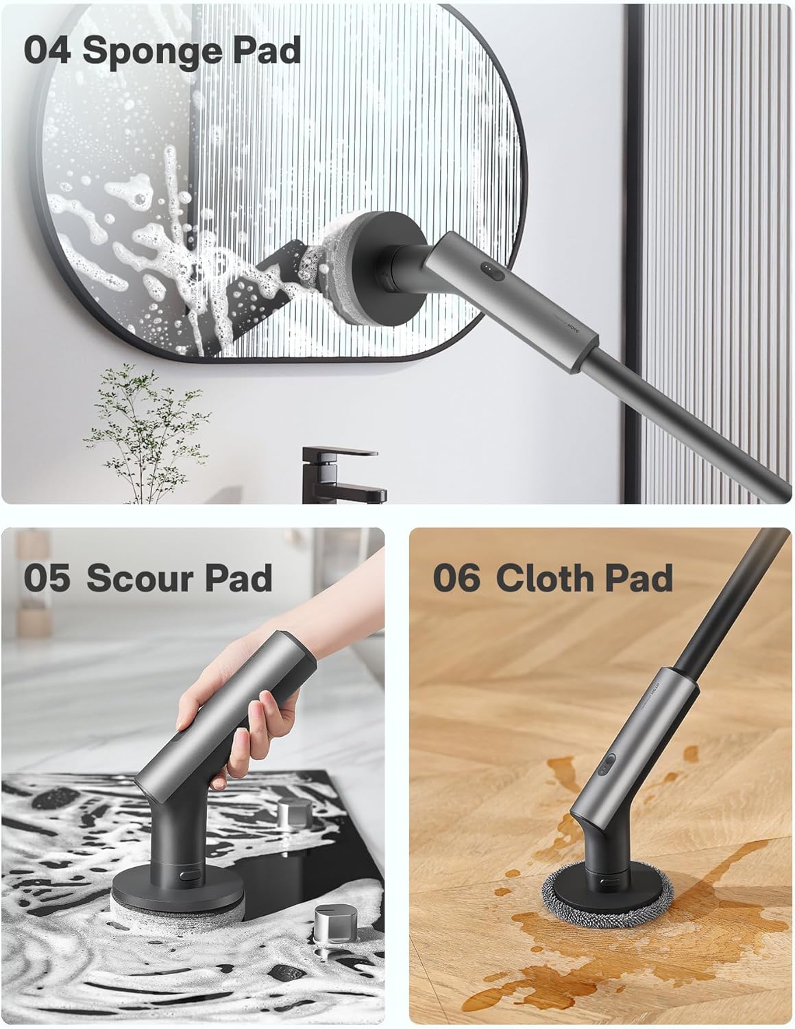 HOTO Cordless Electric Spin Scrubber, 6 Brush Heads, for Bathroom, Tile | IPX7 Full Body Waterproof Bathroom Cleaning Brush, Max 22 in-lb, Shower Scrubber Brush with Long Handle