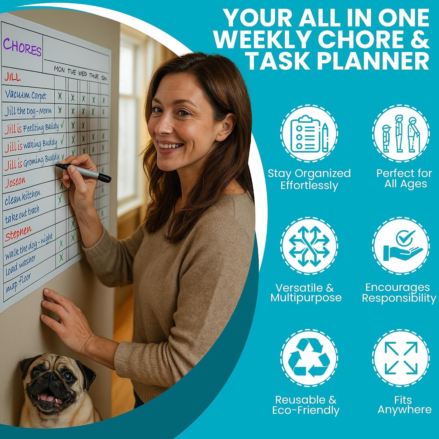 Iconikal 2-Pack Magnetic Dry Erase Chore Meal Chart 14x11-Inch Planner Schedule WOD Goal Tracker Grid Refrigerator Whiteboard Home Office