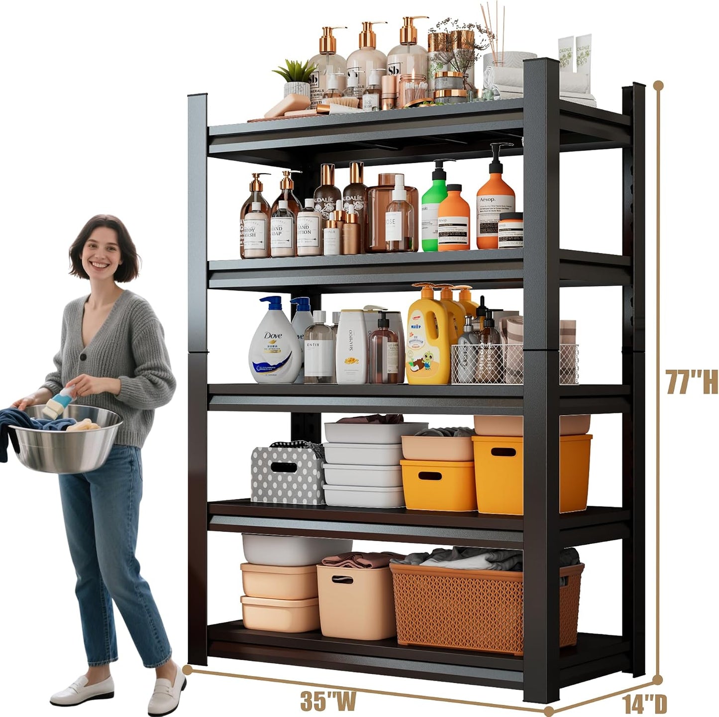 Over Washer and Dryer Shelves, 4 Tiers Adjustable Height Laundry Room Storage and Organizer Standing Shelf, Metal Freestanding Space Saving Organizers Shelf (4-Tier 63" H*45" W*15.7" D)