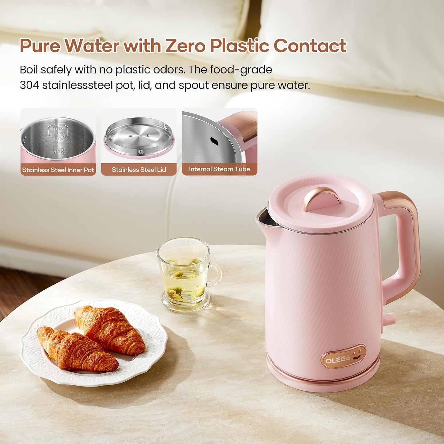 OLEGA Electric Tea Kettle: 1200W Fast Boil Electric Water Kettles 1.5L | Stainless Steel Kettle; Large Electric Water Kettle; Plastic Free Teapot; Auto Shut-Off Water Boiler; Fast Boil Kettles