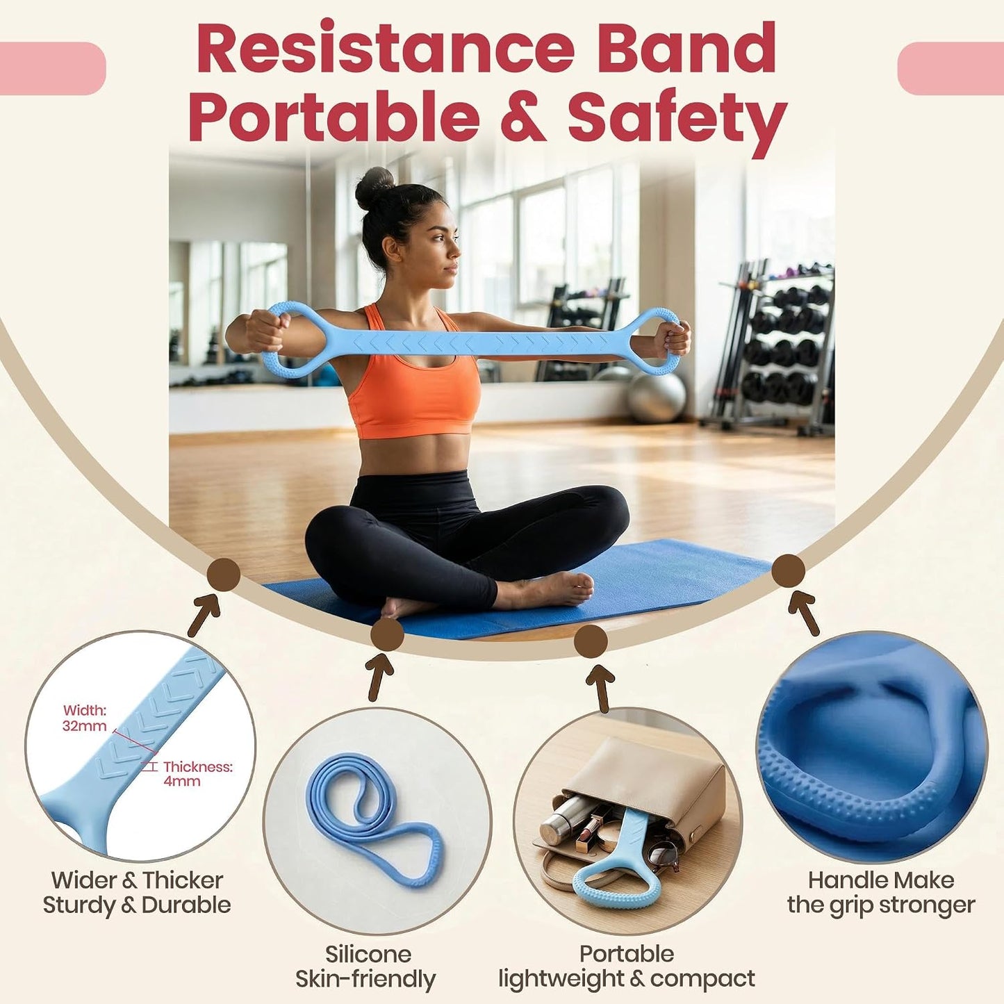 Figure 8 Resistance Band with Handles, Silicone Exercise Elastic Bands for Working Out Home Gym Office Travel, Non-Slip Full Body Arm Back Shoulder Stretch Bands for Yoga Pilates Women