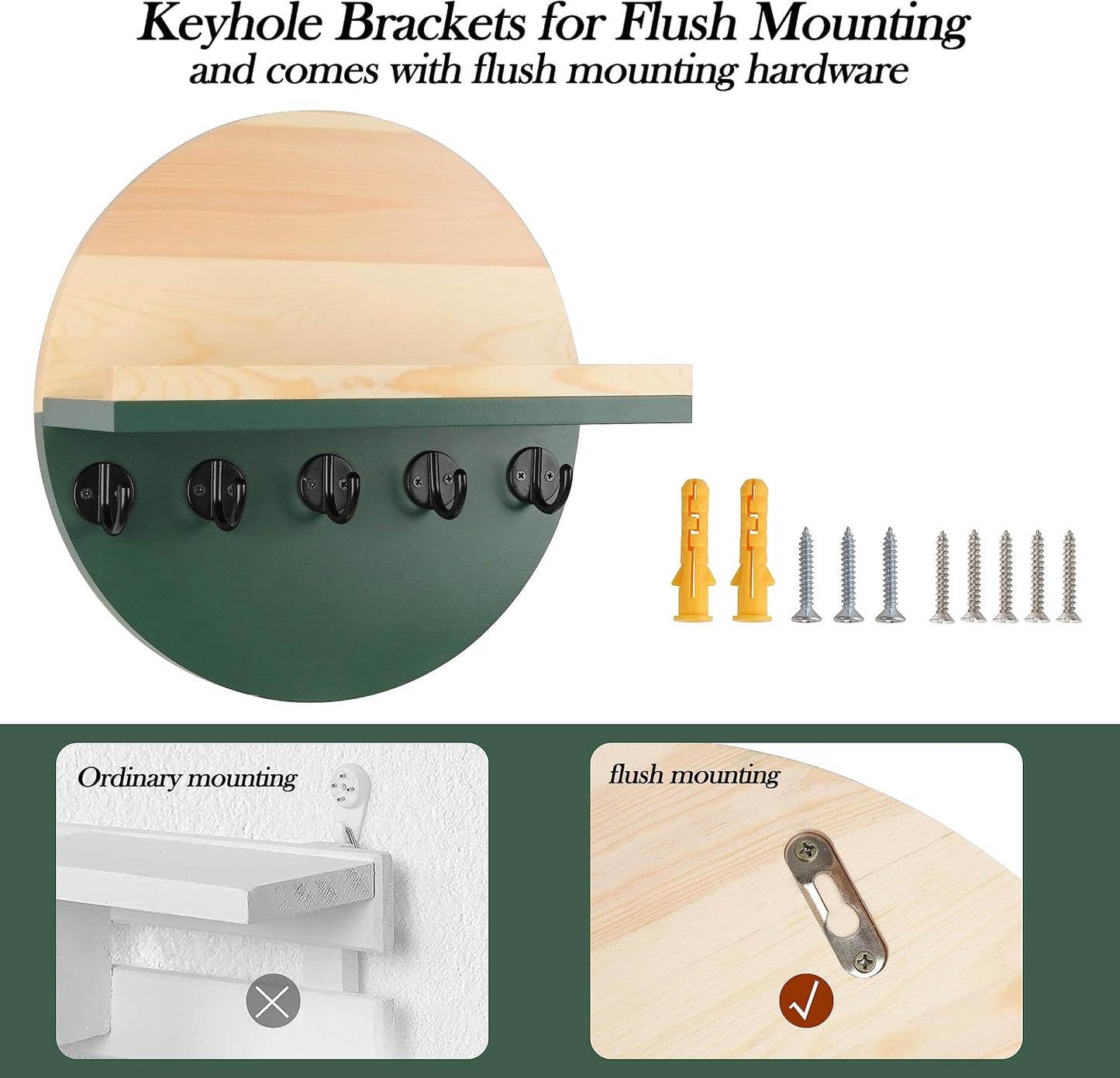 Gurfuy Key Holder for Wall with Shelf - Wood Mail Organizer and Rack with Shelf Hooks Wall Mounted for Entryway Decor Magazines Letter Storage Farmhouse Living Room Bedroom Doorway Green