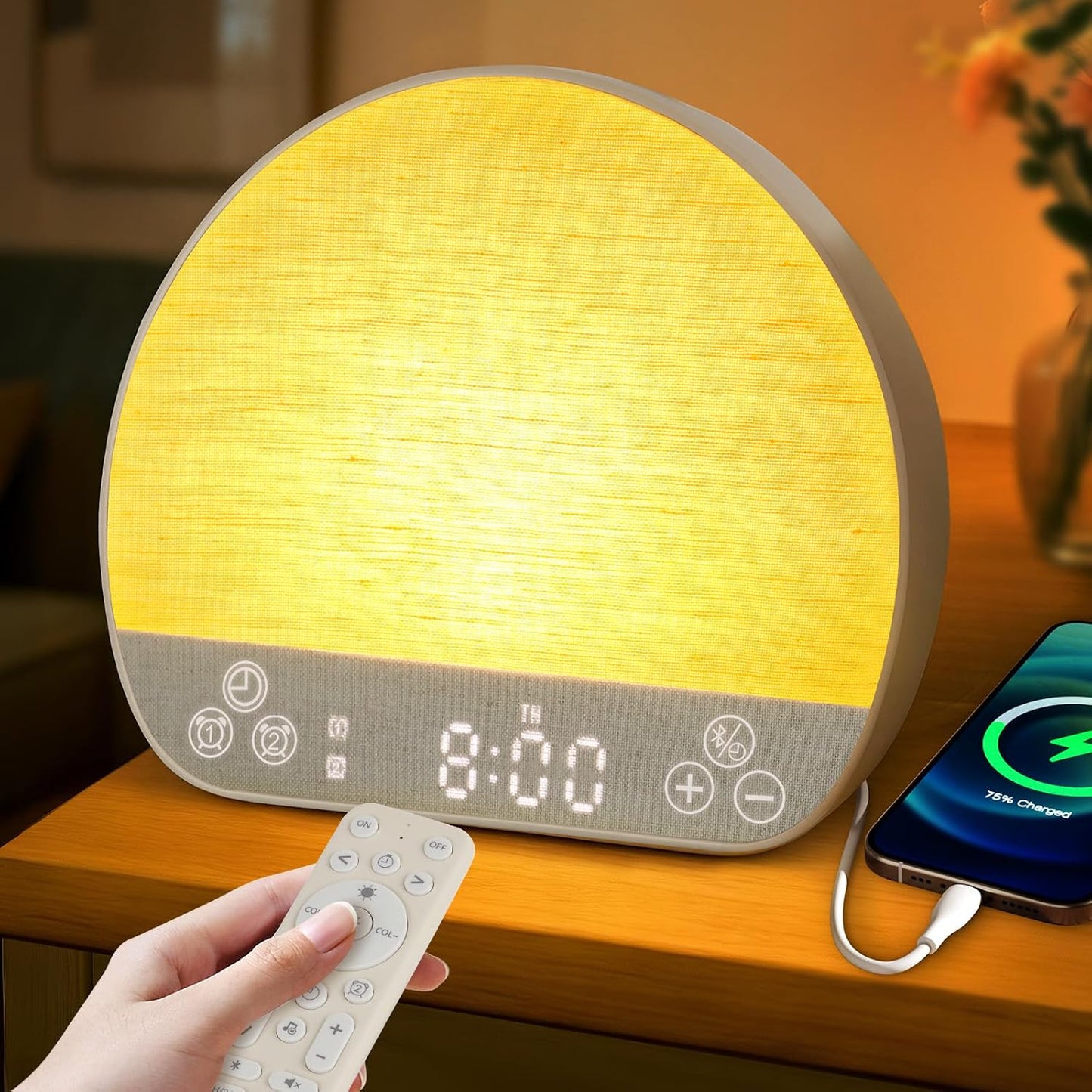 JONRRYIN Sunrise Alarm Clock Wake Up Light for Heavy Sleeper with Remote | 37 White Noise Sounds, Tap Snooze, Bluetooth, USB Charging, 15 Color Night Light, Ideal for Kids, Adults, Reading & Nursery