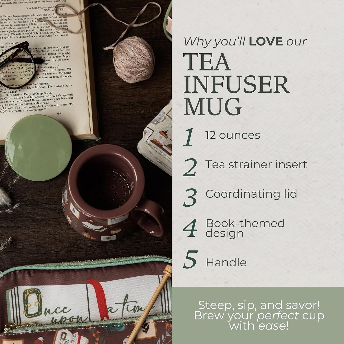 Steel Mill & Co. Tea Infuser Mug with Lid, Book Nook Brown | Ceramic 12 oz Book-Themed Tea Cup with Removable Strainer for Loose Leaf or Tea Bags