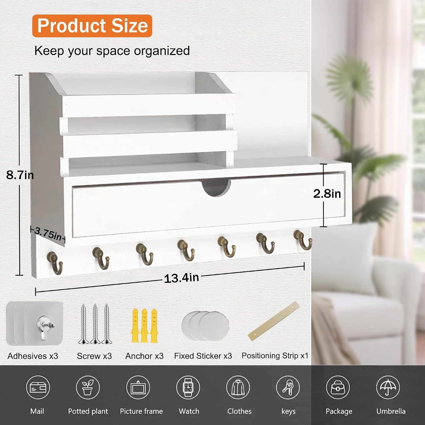 dreampossible Key and Mail Holder for Wall, Mail Organizer Wall Mount with 6 Hooks and Storage Drawer, Wooden Key Rack Hanger with Shelf for Entryway and Home Decor