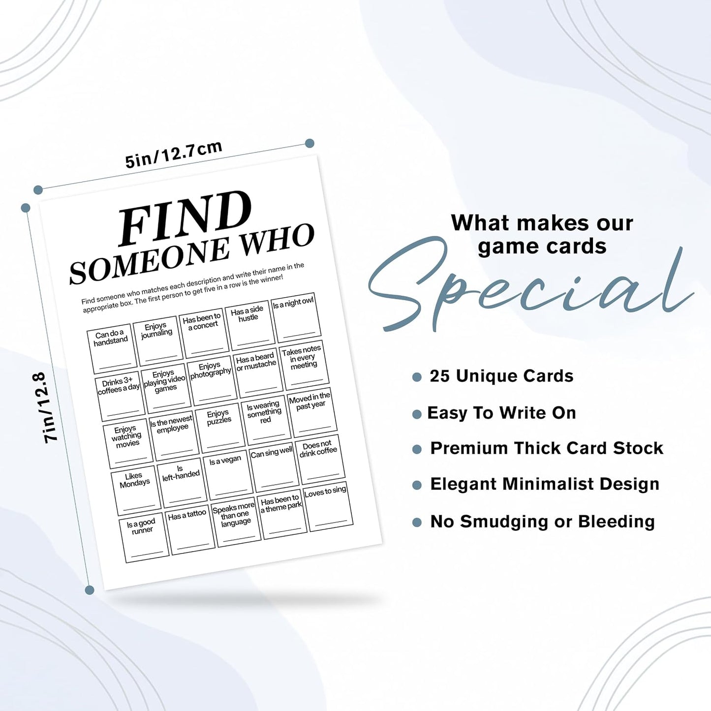 Find Someone Who Bingo Cards, 25 Unique Randomized 5x7 Sheets, Get to Know You Bingo Game for Adults, Ice Breaker Office Party Games, Team Building Games for Work, High Replay Value - A05