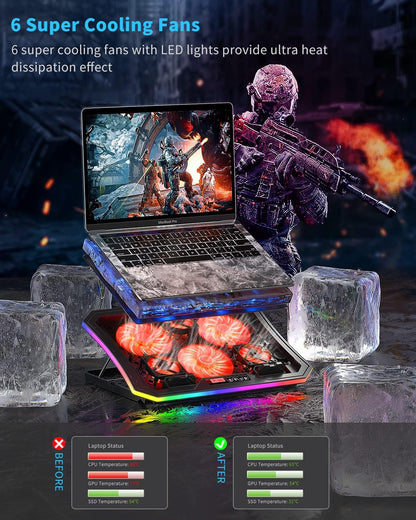 KeiBn Upgarde Laptop Cooling Pad, RGB Lights Laptop Cooler 6 Fans for 15.6-17.3 Inch Laptops, 7 Height Stands, 10 Modes Light, 2 USB Ports, Desk or Lap Use (A8,Blue)