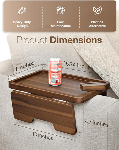 HOLANA 13.75" Acacia Sofa Arm Tray Table, Double Hinge, Natural Wood Color | Solid Acacia Wood, Spacious Surface, Clips Securely with Double-hinge Grip, Foldable & Portable, Multipurpose, No Assembly