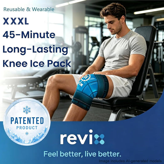 REVIX XXXL Knee Ice Pack Wrap for Meniscus & ACL, 45-Min Cold, 20"×10.7" | Wrap-around Plus-size Fit for Men & Women, Long-lasting Relief for Knee Replacement Surgery Recovery
