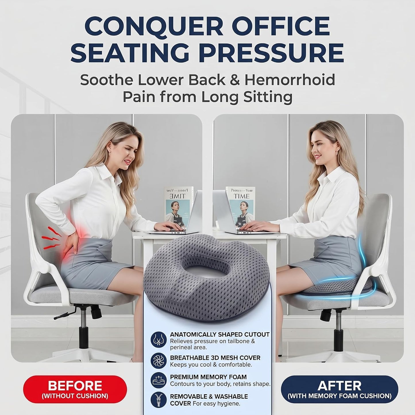 Circular Memory Foam Seat Cushion, Tailbone Pressure Relief Pillow for Office Chair Car Wheelchair, Breathable Mesh Comfort Pad for Daily Sitting Support (Black)