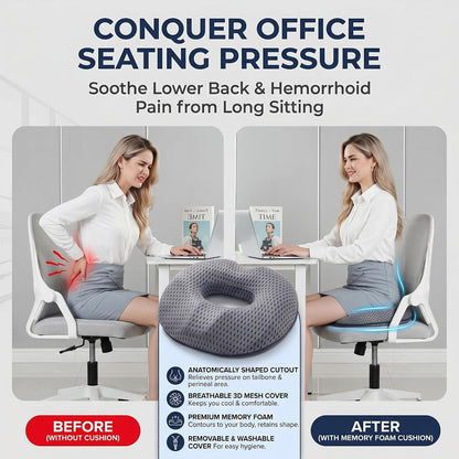 Circular Memory Foam Seat Cushion, Tailbone Pressure Relief Pillow for Office Chair Car Wheelchair, Breathable Mesh Comfort Pad for Daily Sitting Support (Black)