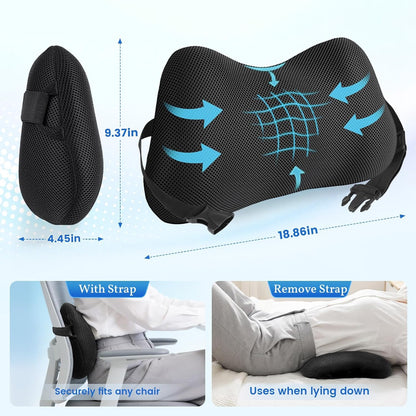 Lumbar Support Pillow, Memory Foam Back Cushion for Office Chair Car, Black | Ergonomic Lower Back Support with Adjustable Strap, Breathable Removable Cover for Couch, Wheelchair and Daily Comfort