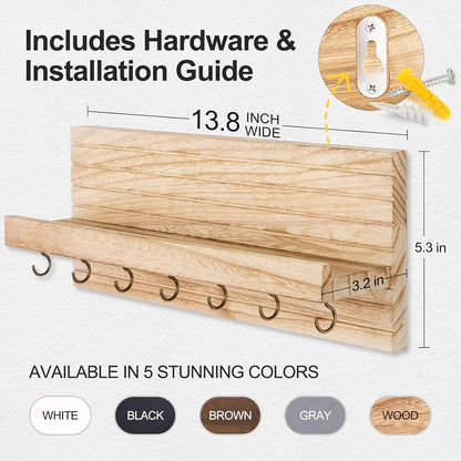 Lwenki Decorative Key Holder for Wall with Shelf, Entryway Shelf with Hooks Holds Leashes, Jackets and Glasses – Sturdy Wood Keyholder Entrance Hanger with Mounting Hardware (Black, Medium)